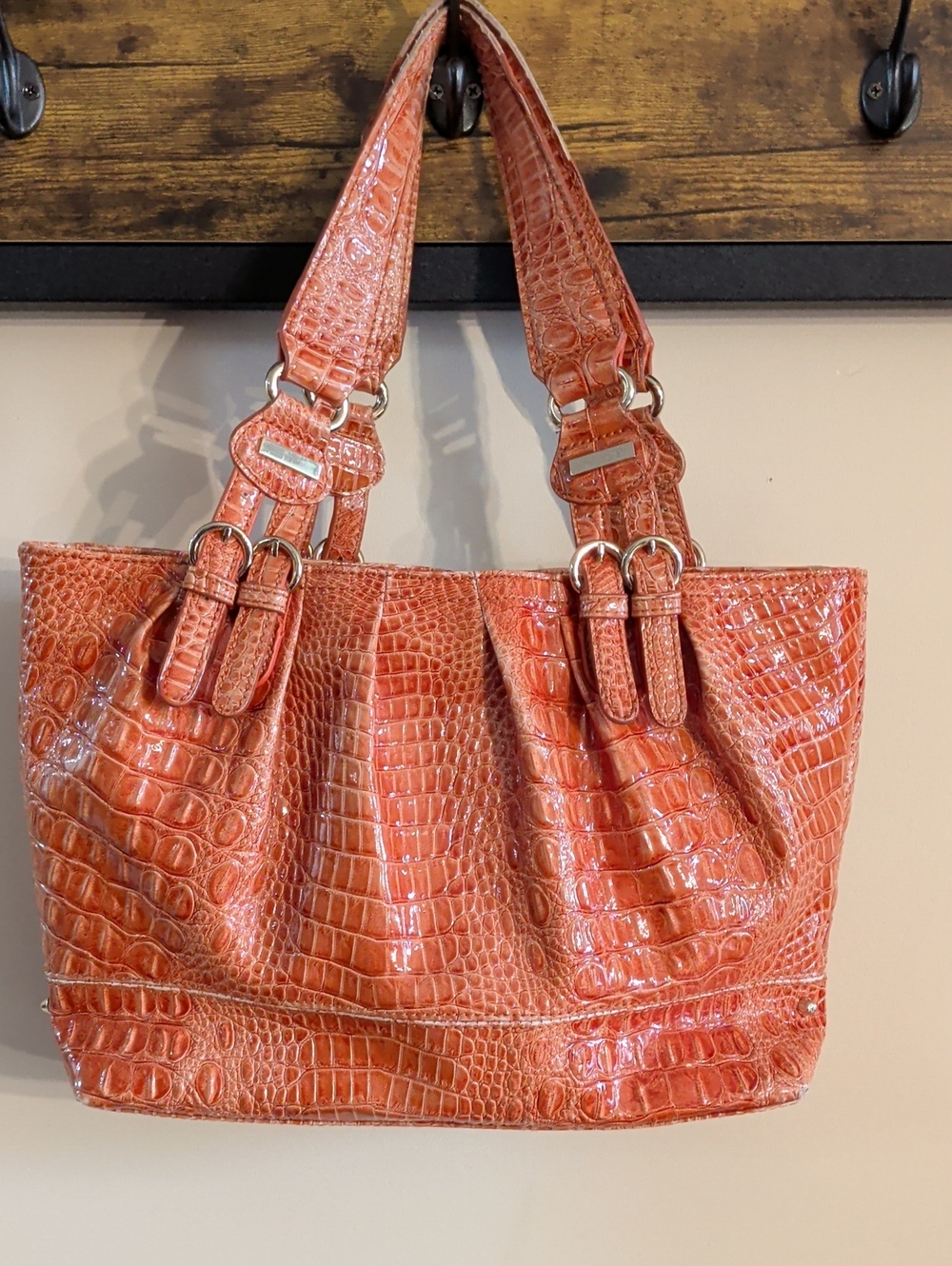 Jessica Simpson Glossy Croc-Embossed Orange Shoulder Bag